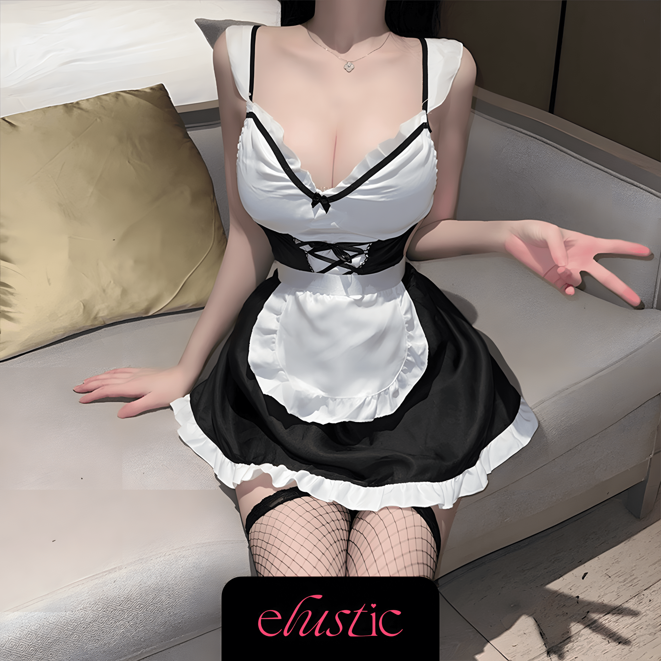 Black Ruffled French Maid Costume Set - Elustic - 2