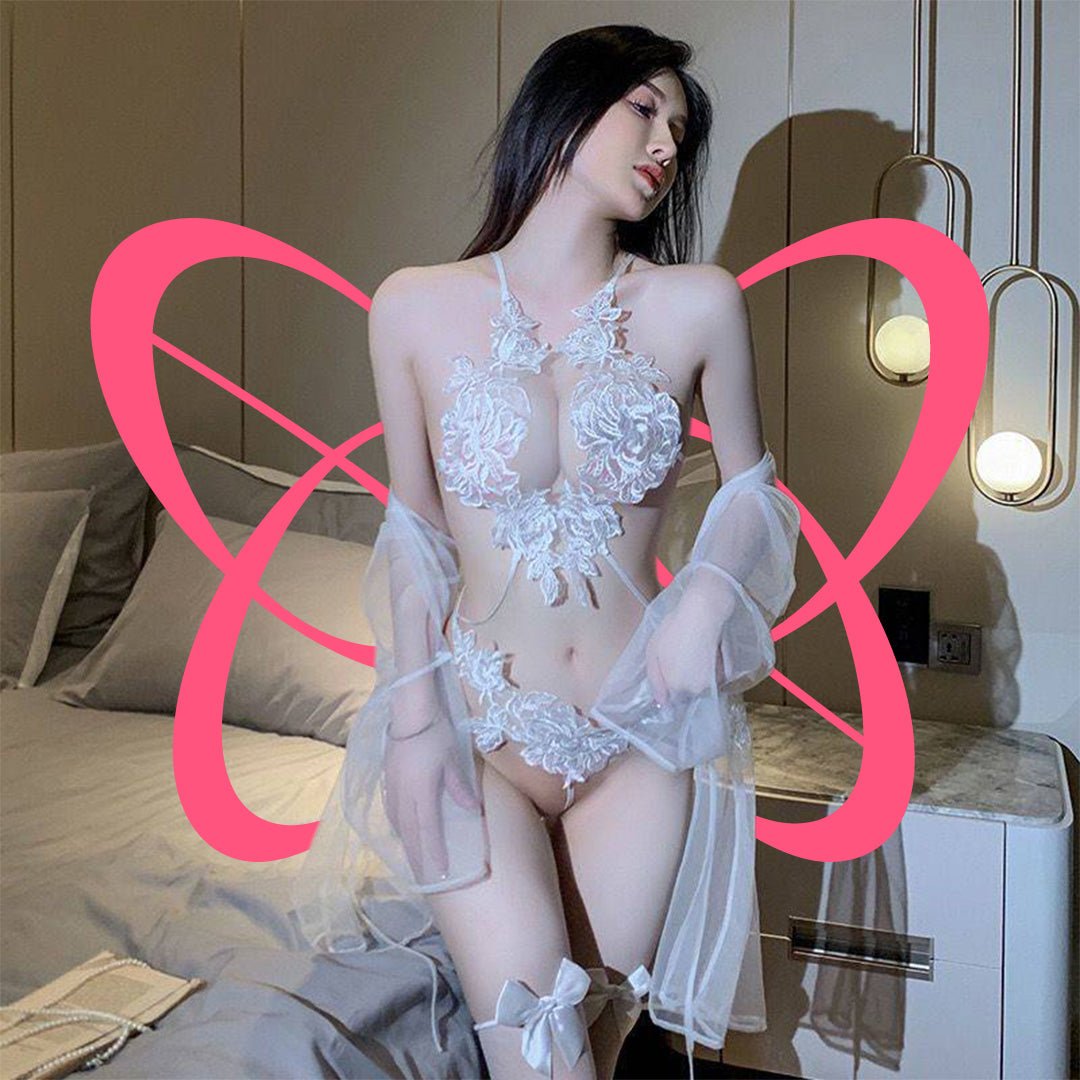 Butterfly Theme Sexy Sheer Lacel Floral Bodysuit Open Crotch - Elustic - 3