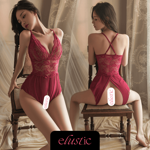 French Lace Deep V Teddy - Elustic - 1
