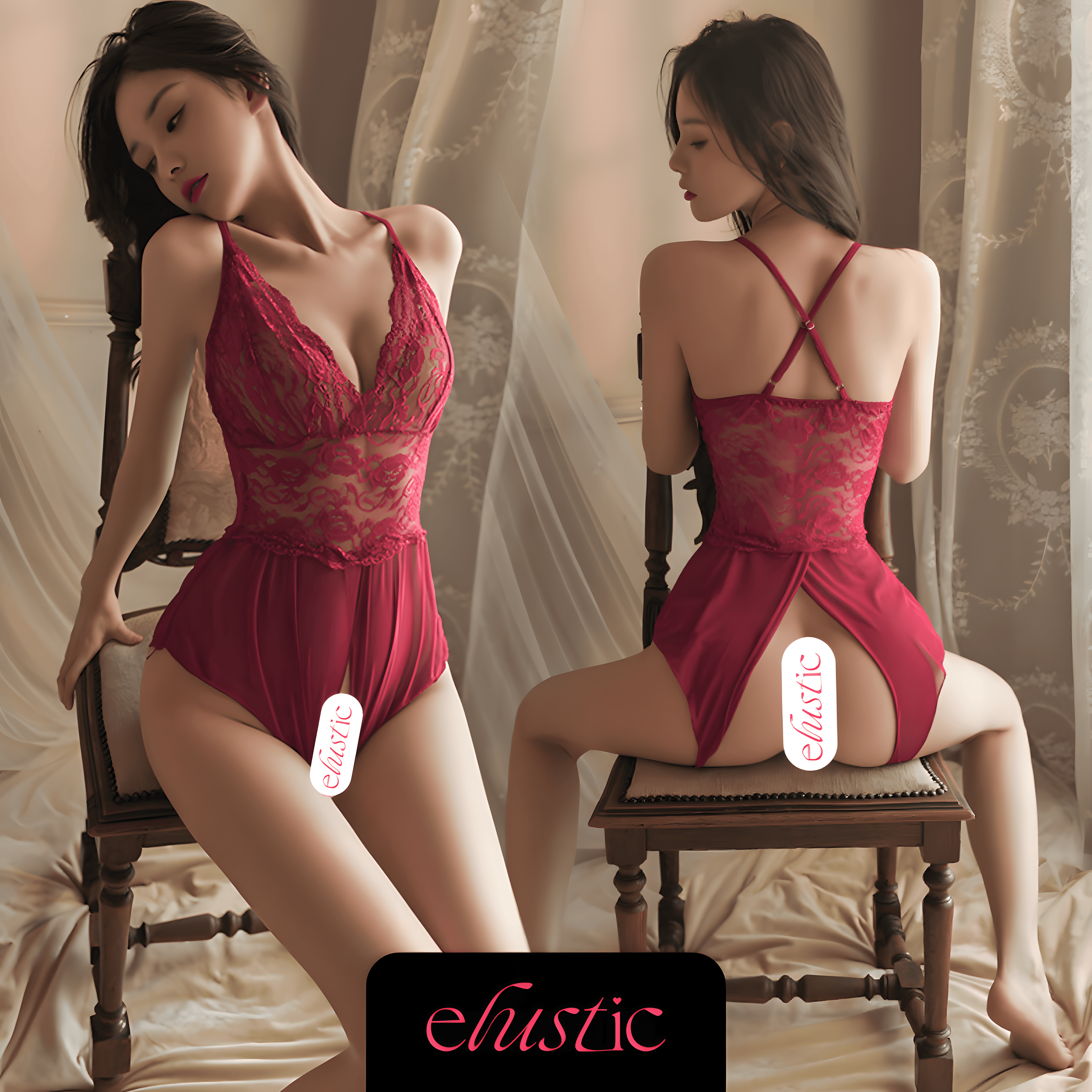 French Lace Deep V Teddy - Elustic - 1