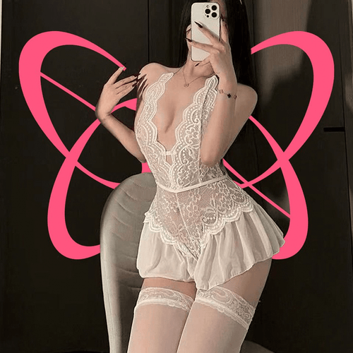French - Style Lace Deep V One - Piece With Romper Crotchless - Elustic - 2