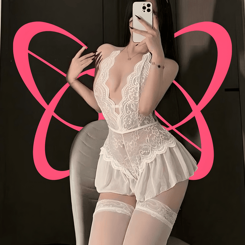 French-Style Lace Deep V One-Piece With Romper Crotchless - Elustic - 2