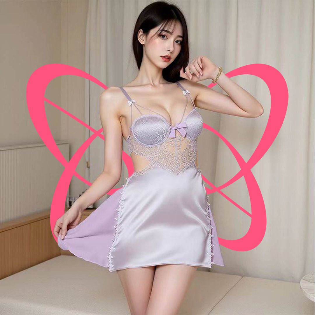 Lace Inspired Satin Slip Nightgown - Elustic - 1