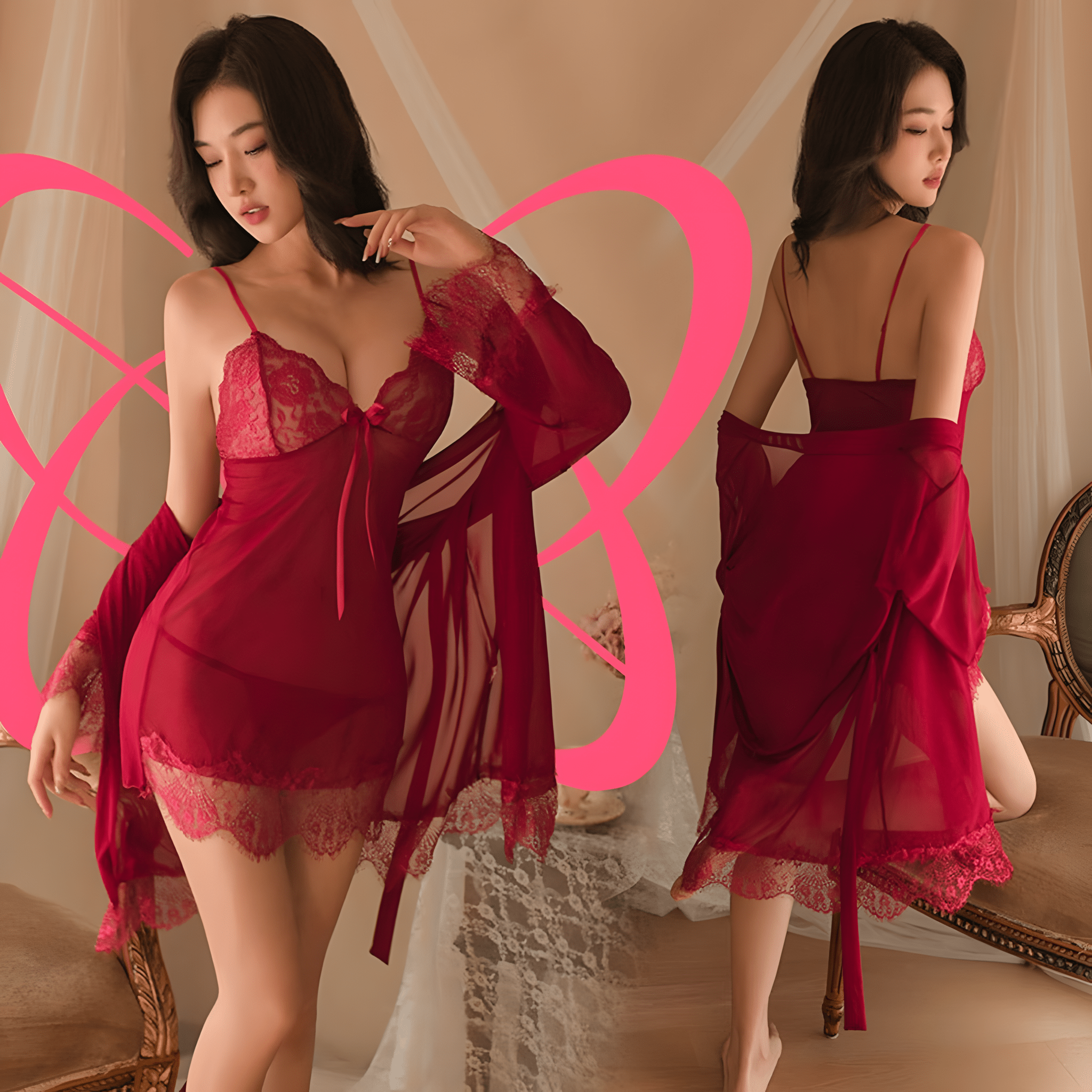 Lace Mesh Babydoll and Silky Robe Set - Elustic - 3