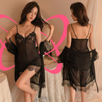 Lace Mesh Babydoll and Silky Robe Set - Elustic - 3