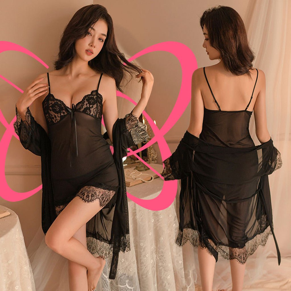 Lace Mesh Babydoll and Silky Robe Set - Elustic - 3