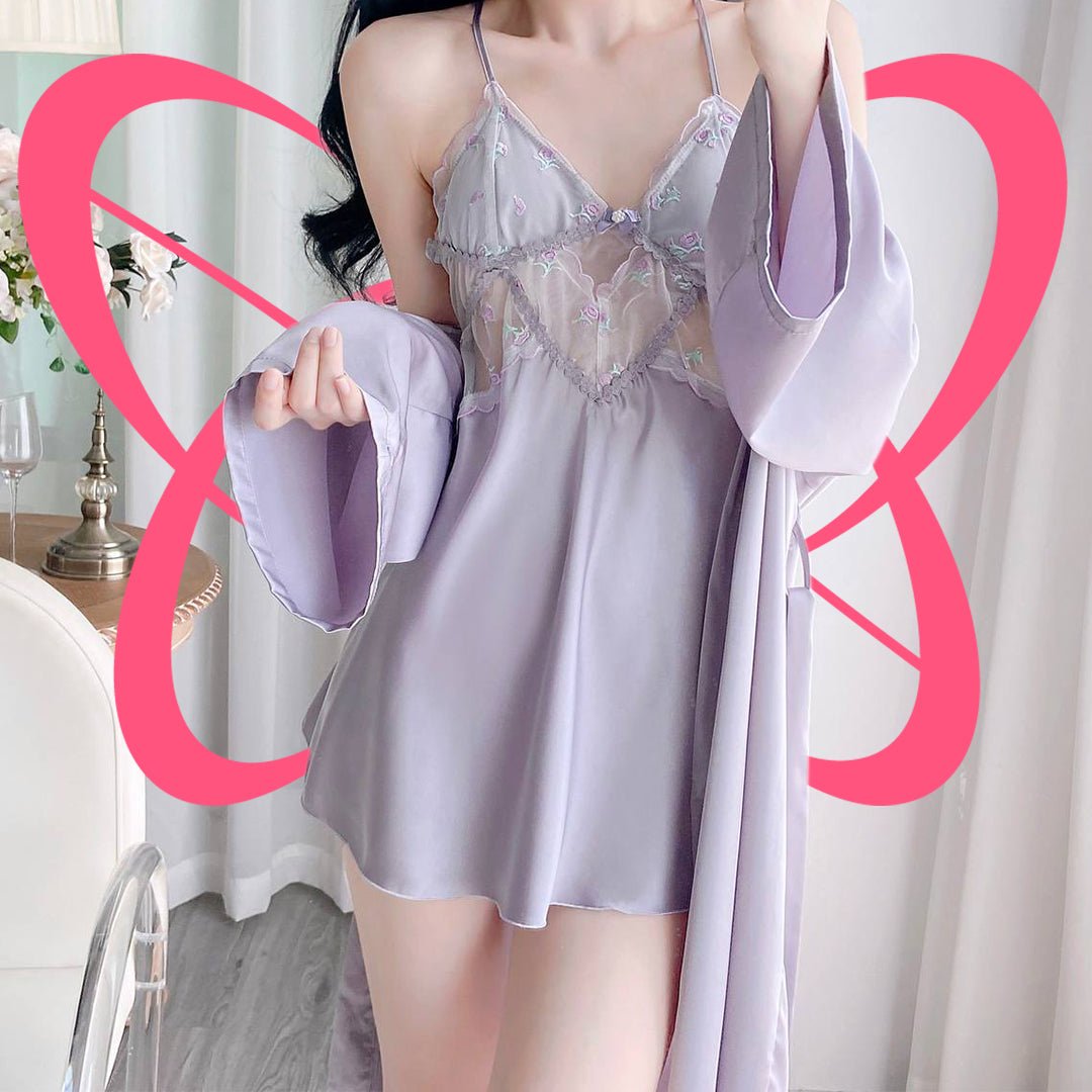 Lace Silk Flowery Night Gown with Shawl - Elustic - 2