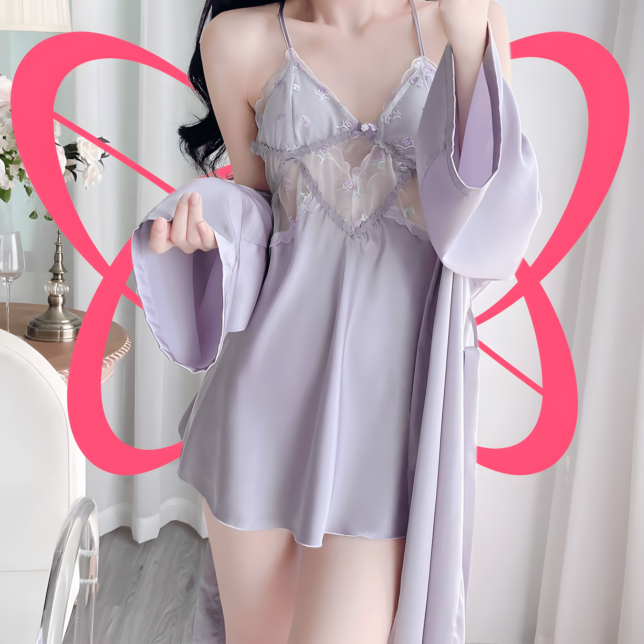 Lace Silk Flowery Night Gown with Shawl - Elustic - 2