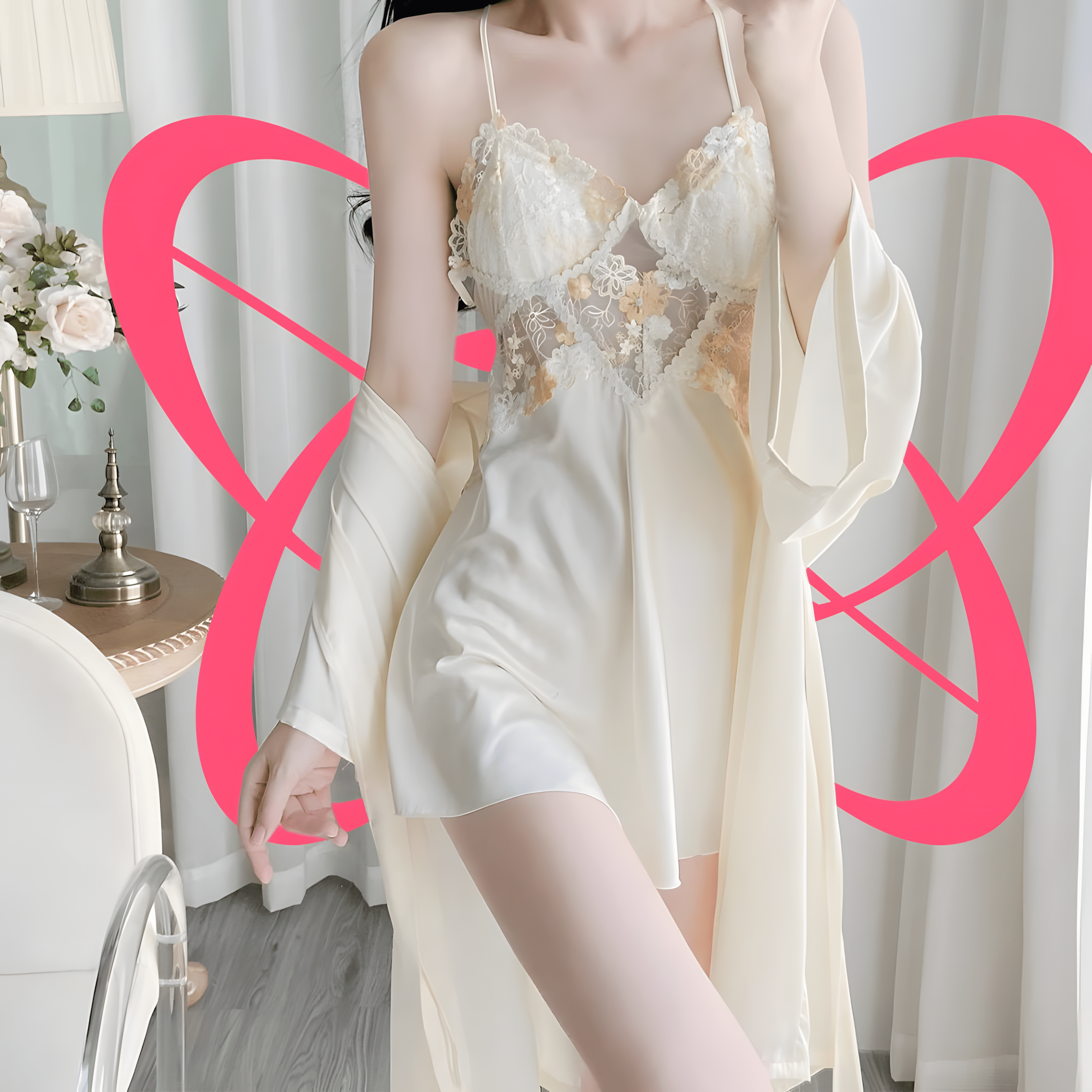Lace Silk Flowery Night Gown with Shawl - Elustic - 3