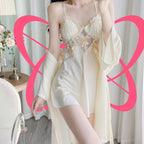 Lace Silk Flowery Night Gown with Shawl - Elustic - 3