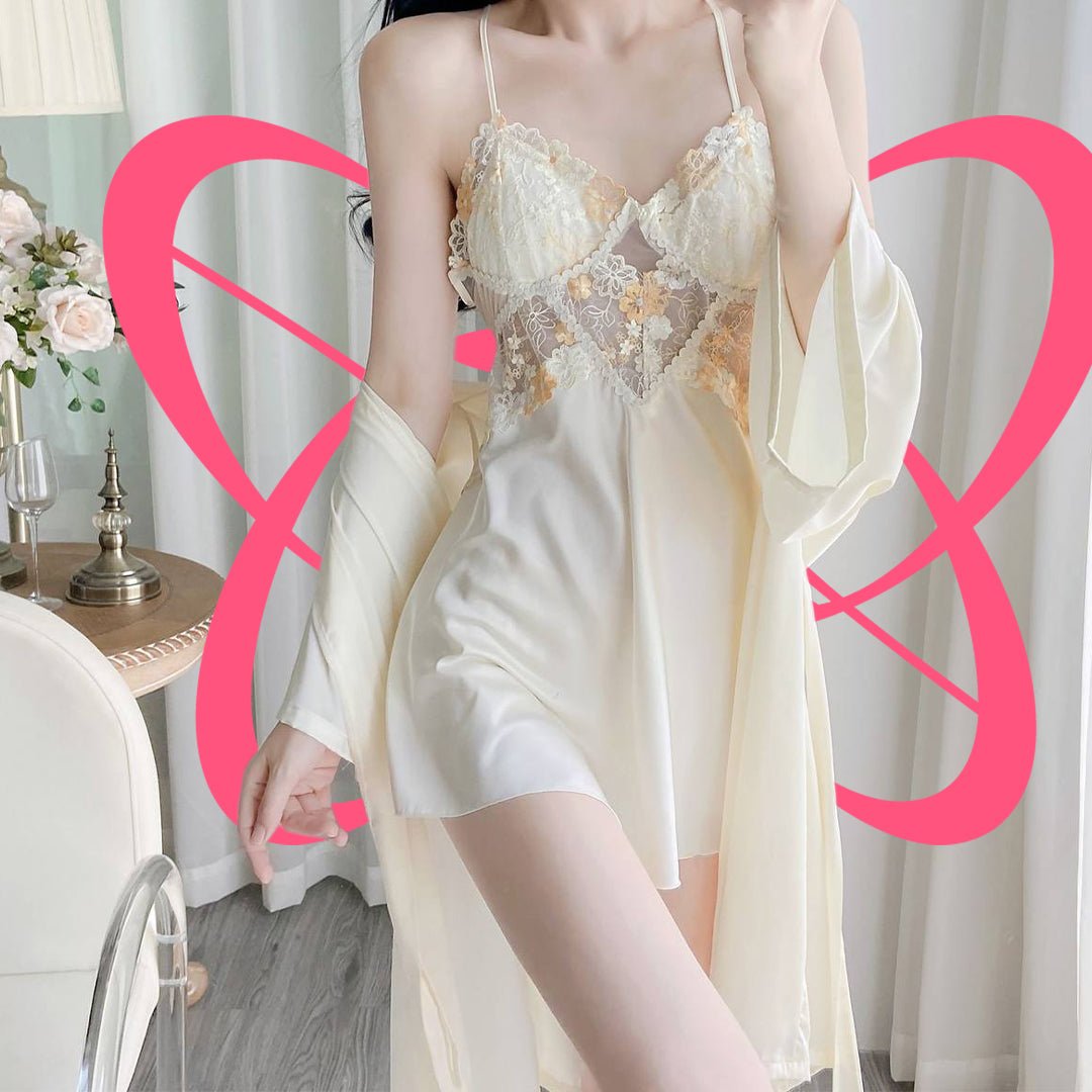 Lace Silk Flowery Night Gown with Shawl - Elustic - 3
