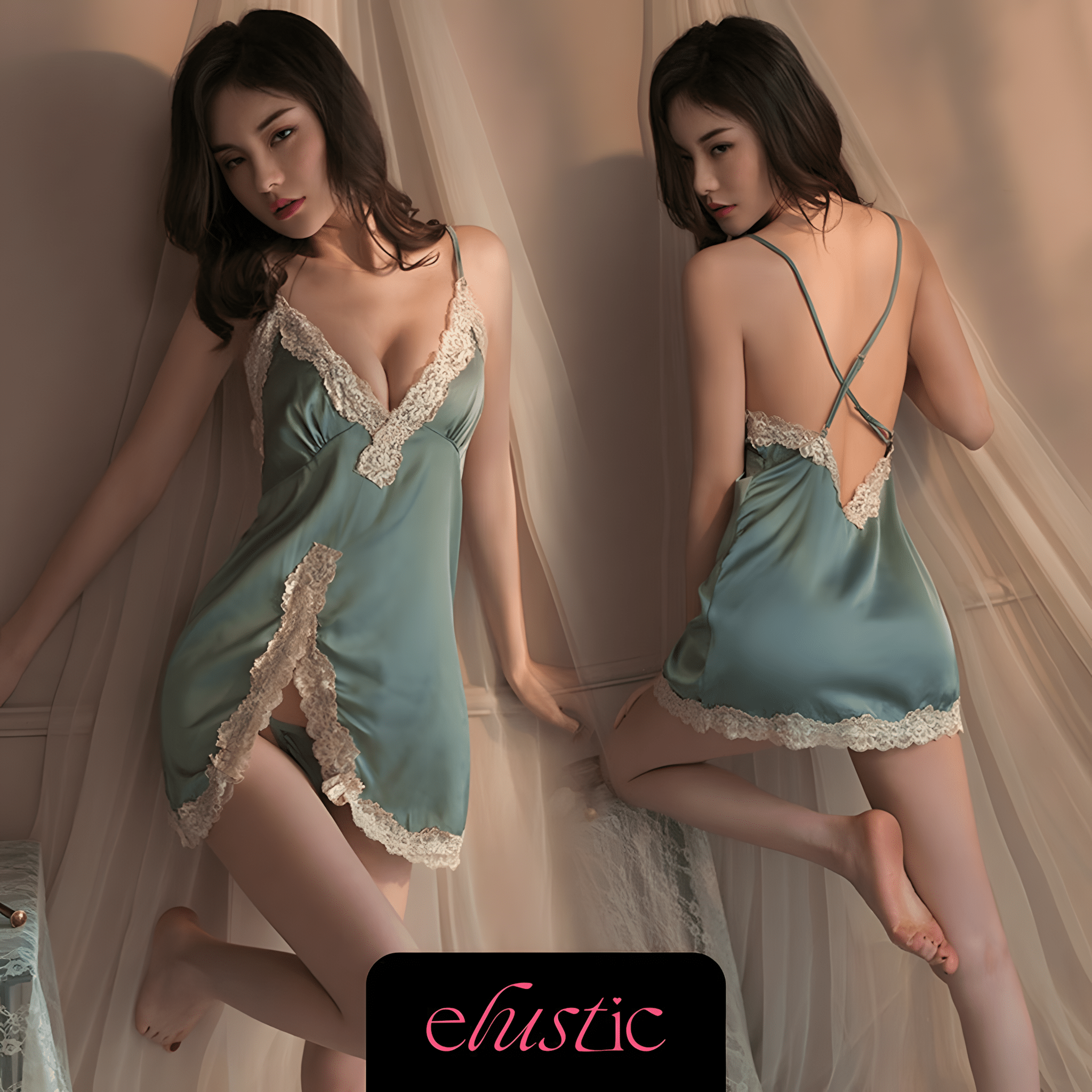 Lace Trim Satin Chemise Set - Elustic - 4
