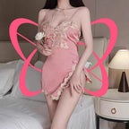 Lace - Trimmed Side Slit Chemise and Thong Set - Elustic - 3