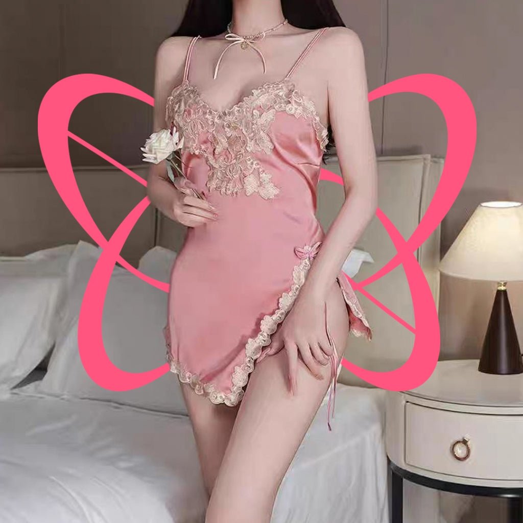Lace - Trimmed Side Slit Chemise and Thong Set - Elustic - 3