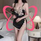 Lace - Trimmed Side Slit Chemise and Thong Set - Elustic - 2
