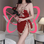 Lace - Trimmed Side Slit Chemise and Thong Set - Elustic - 4
