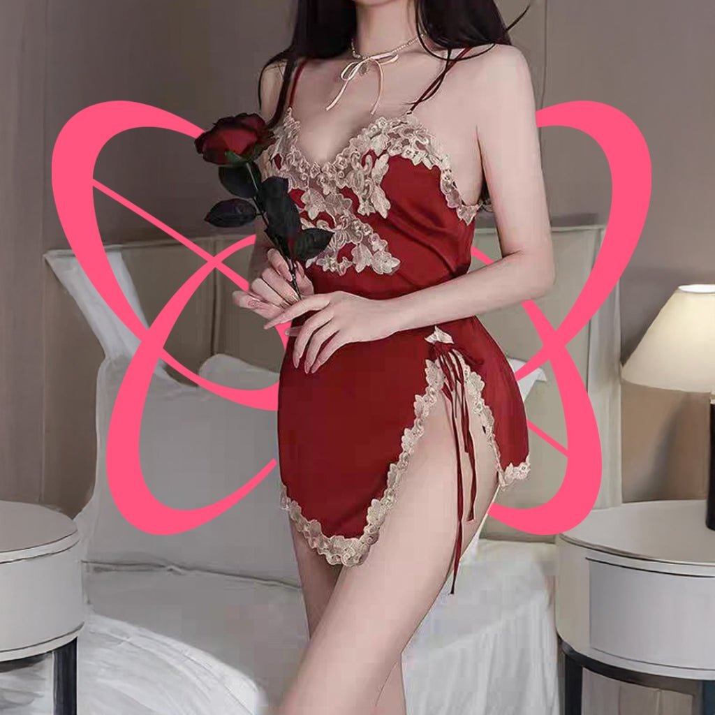 Lace - Trimmed Side Slit Chemise and Thong Set - Elustic - 4