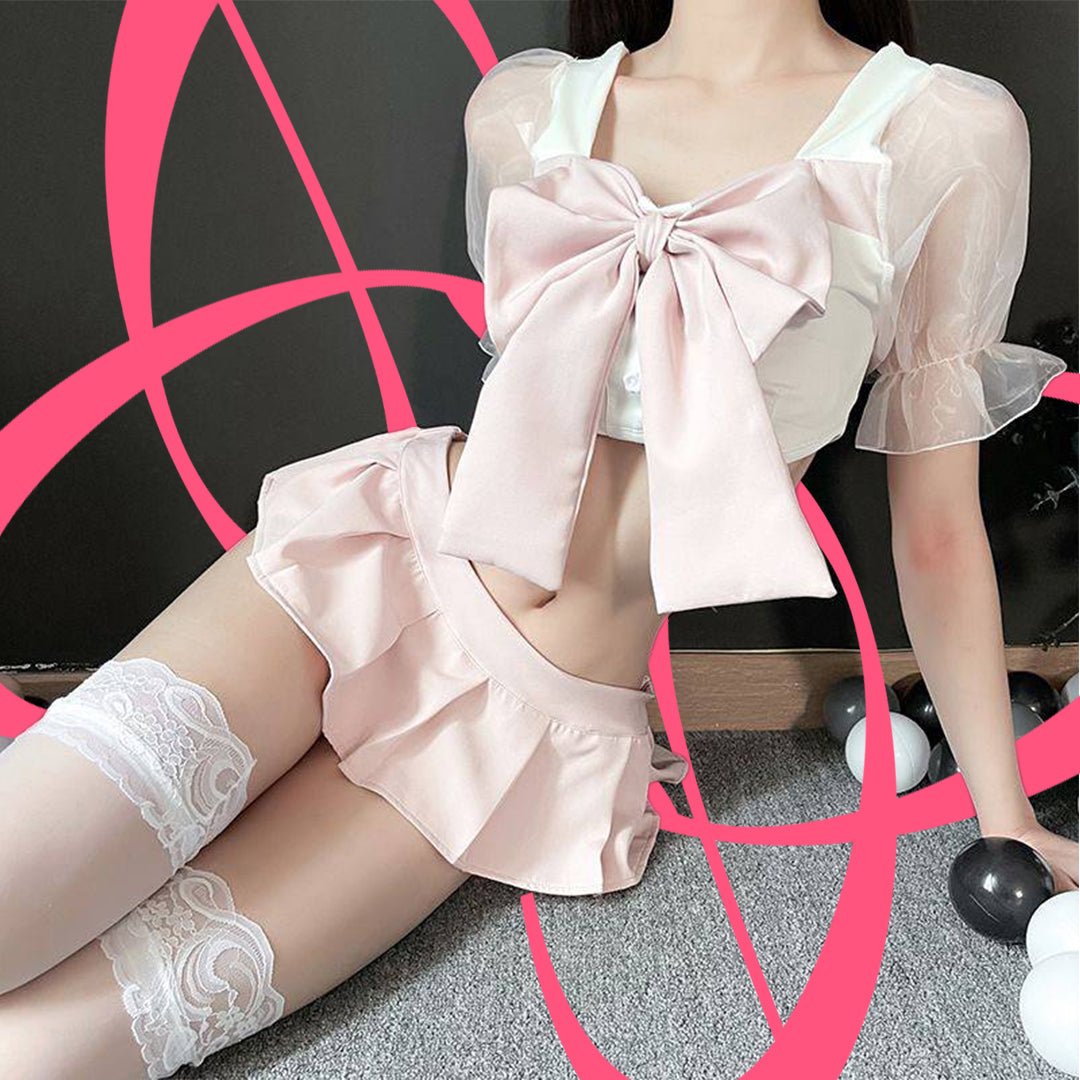 Lolita - Inspired Large Bowtie Schoolgirl Mini Skirt Outfit - Elustic - 3