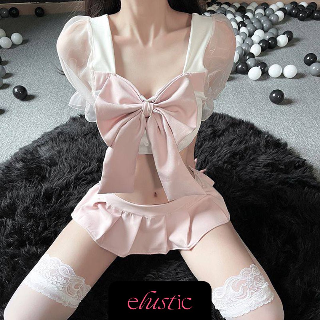 Lolita - Inspired Large Bowtie Schoolgirl Mini Skirt Outfit - Elustic - 1