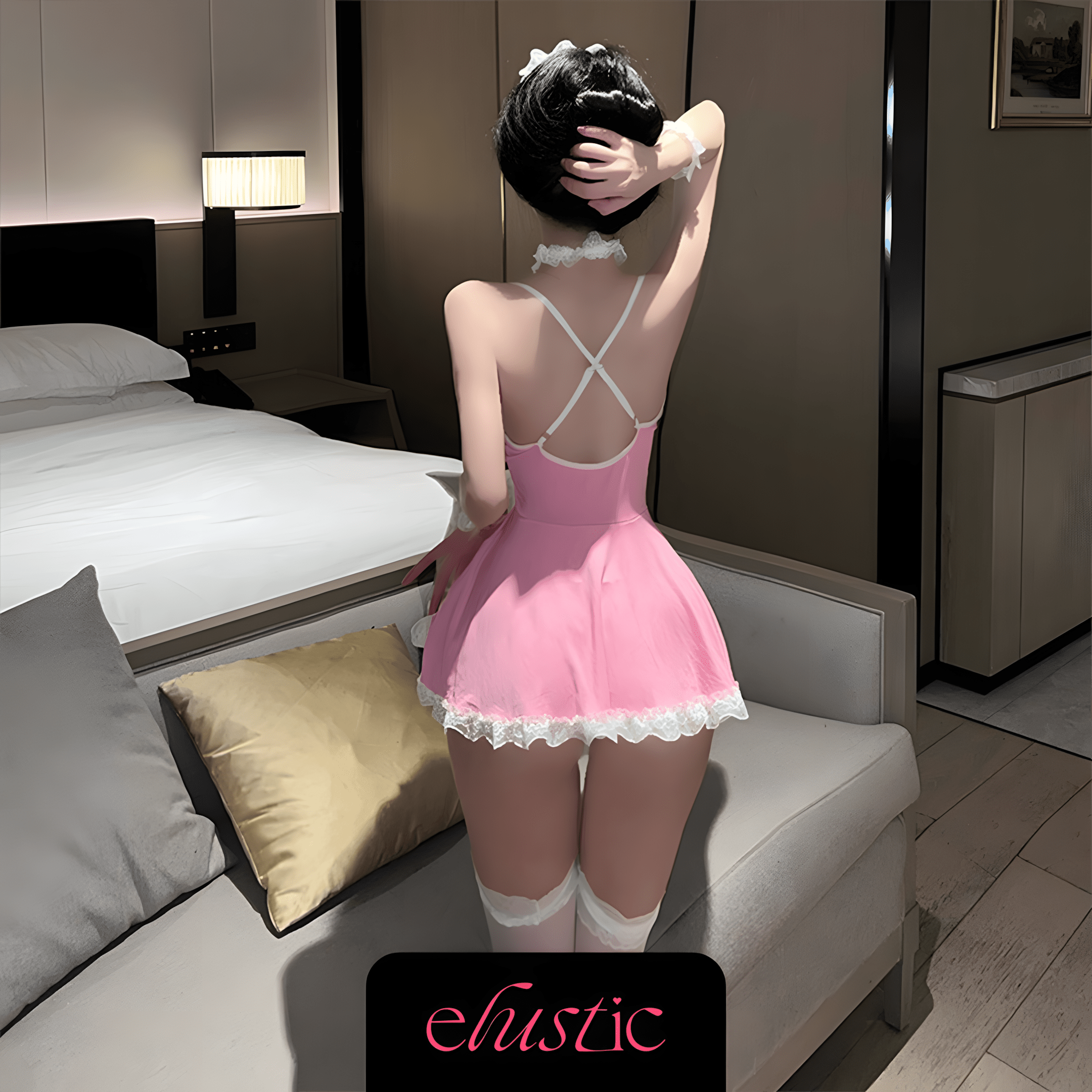 Pink Lace Maid Lingerie Set - Elustic - 2