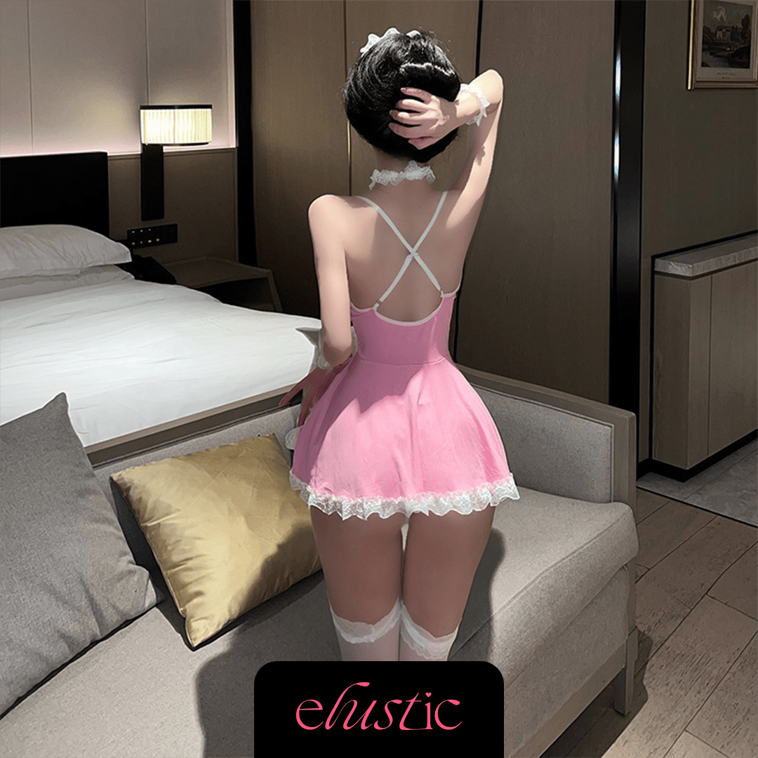 Pink Lace Maid Lingerie Set - Elustic - 2