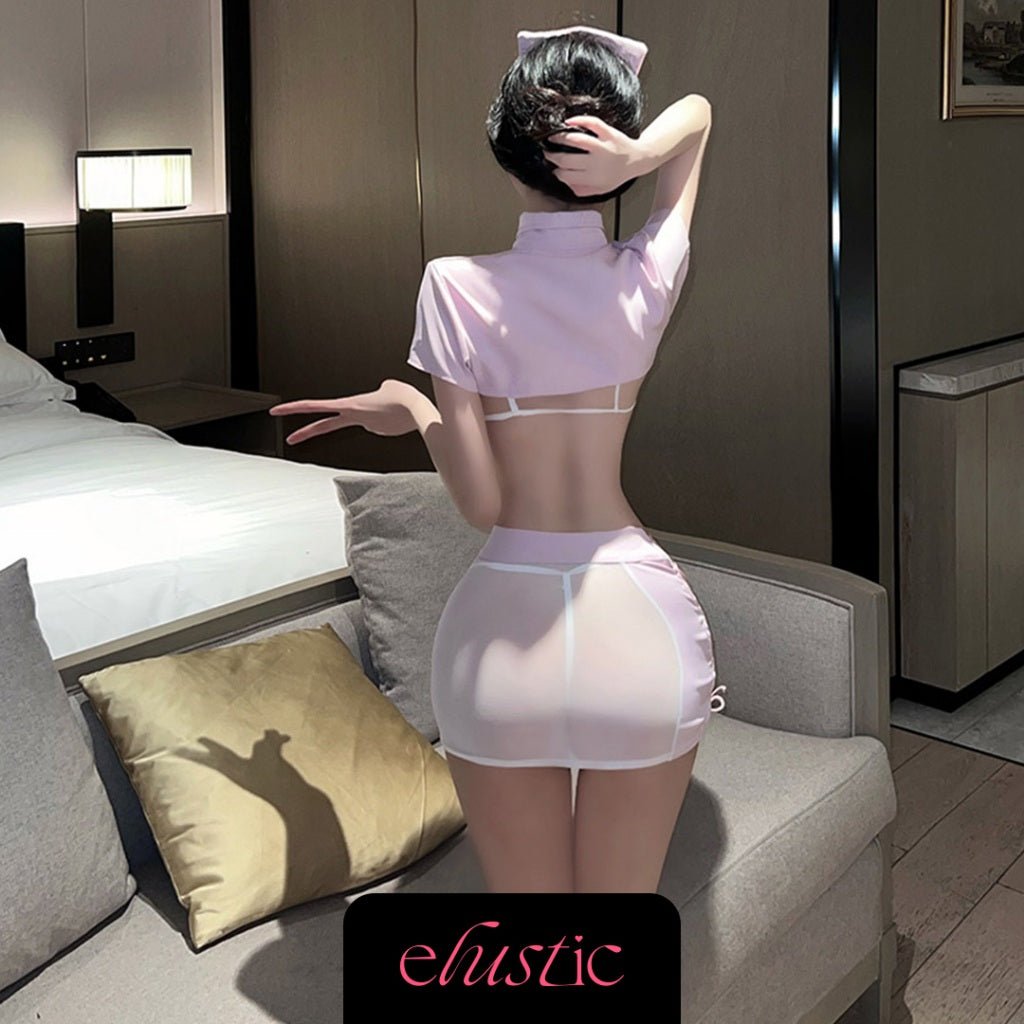 Pink Nurse Lingerie Set with Sheer Bra and Mini Skirt - Elustic - 2