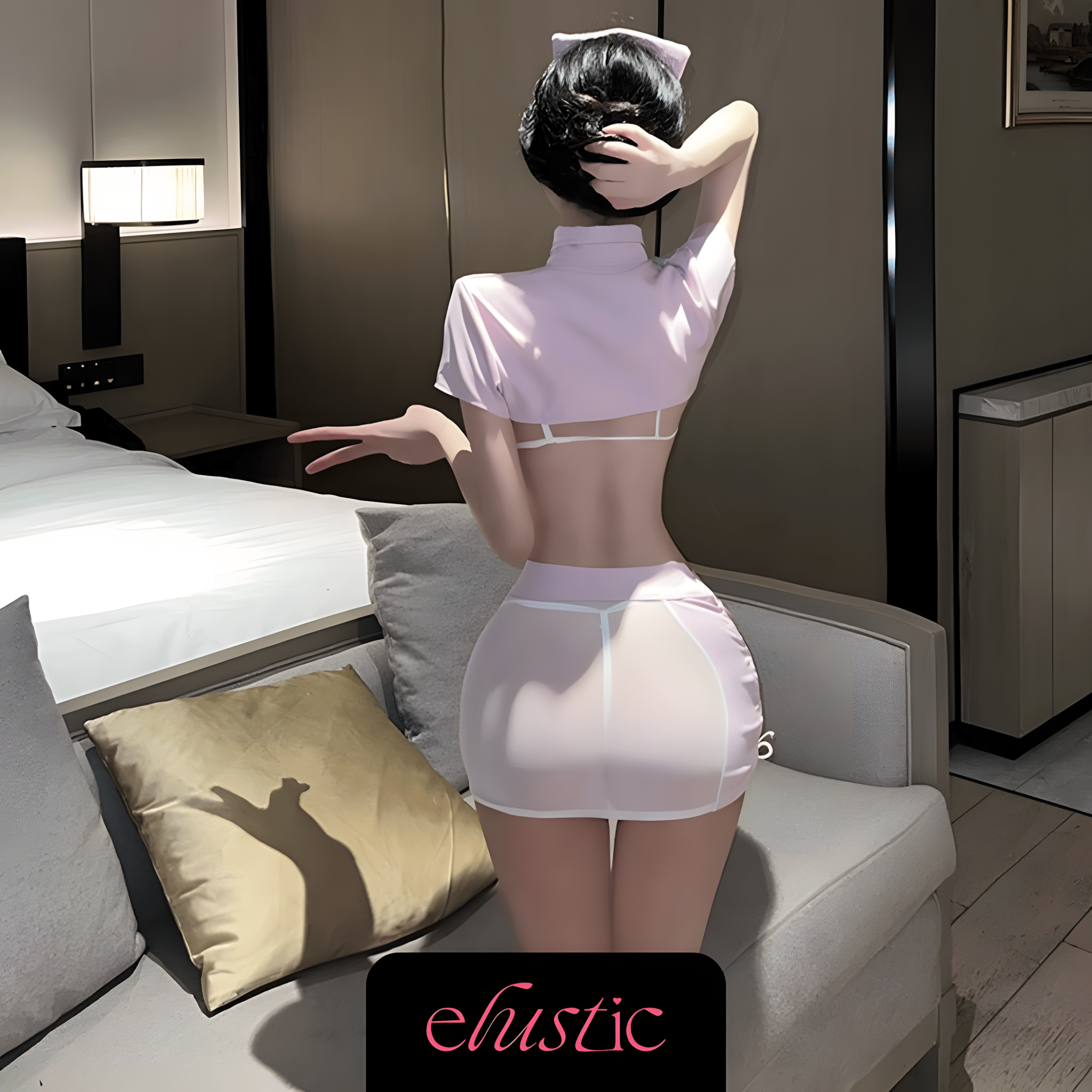 Pink Nurse Lingerie Set with Sheer Bra and Mini Skirt - Elustic - 2