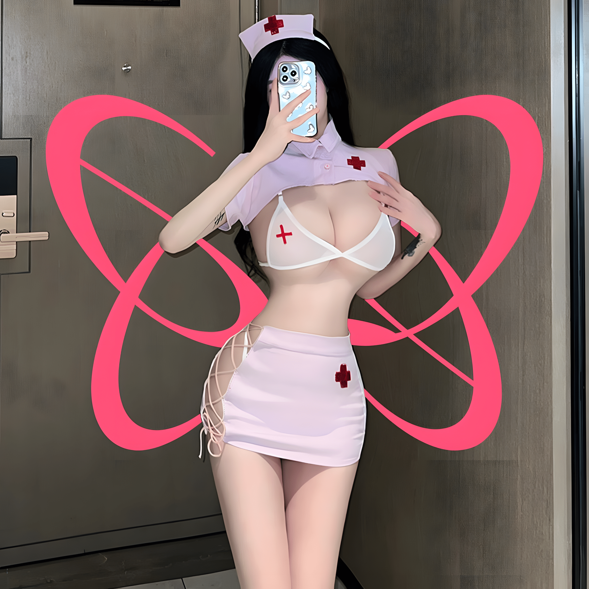 Pink Nurse Lingerie Set with Sheer Bra and Mini Skirt - Elustic - 1