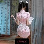 Pink Satin Cheongsam & Lace Apron Seductive Cosplay Set - Elustic - 2