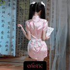 Pink Satin Cheongsam & Lace Apron Seductive Cosplay Set - Elustic - 2