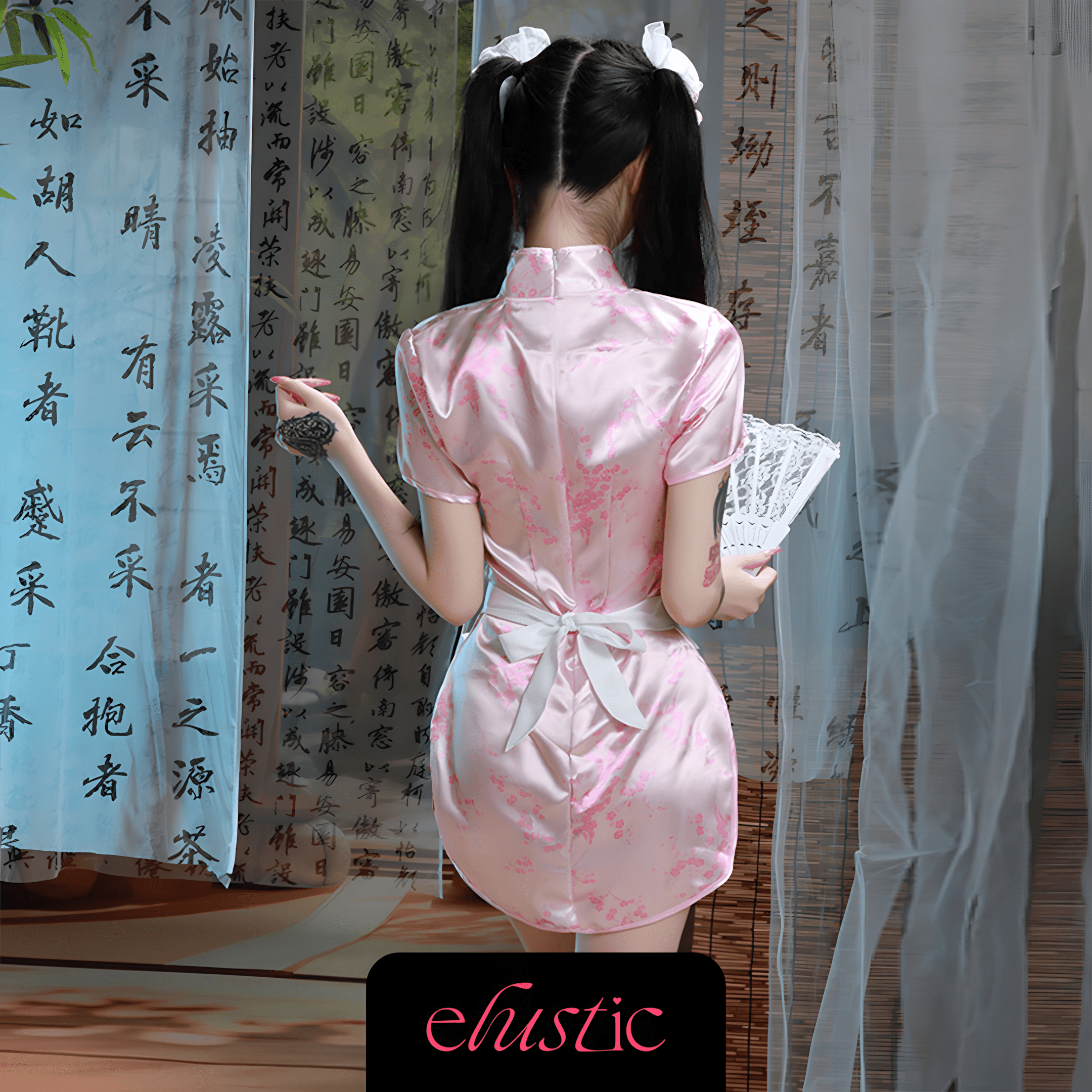 Pink Satin Cheongsam & Lace Apron Seductive Cosplay Set - Elustic - 2