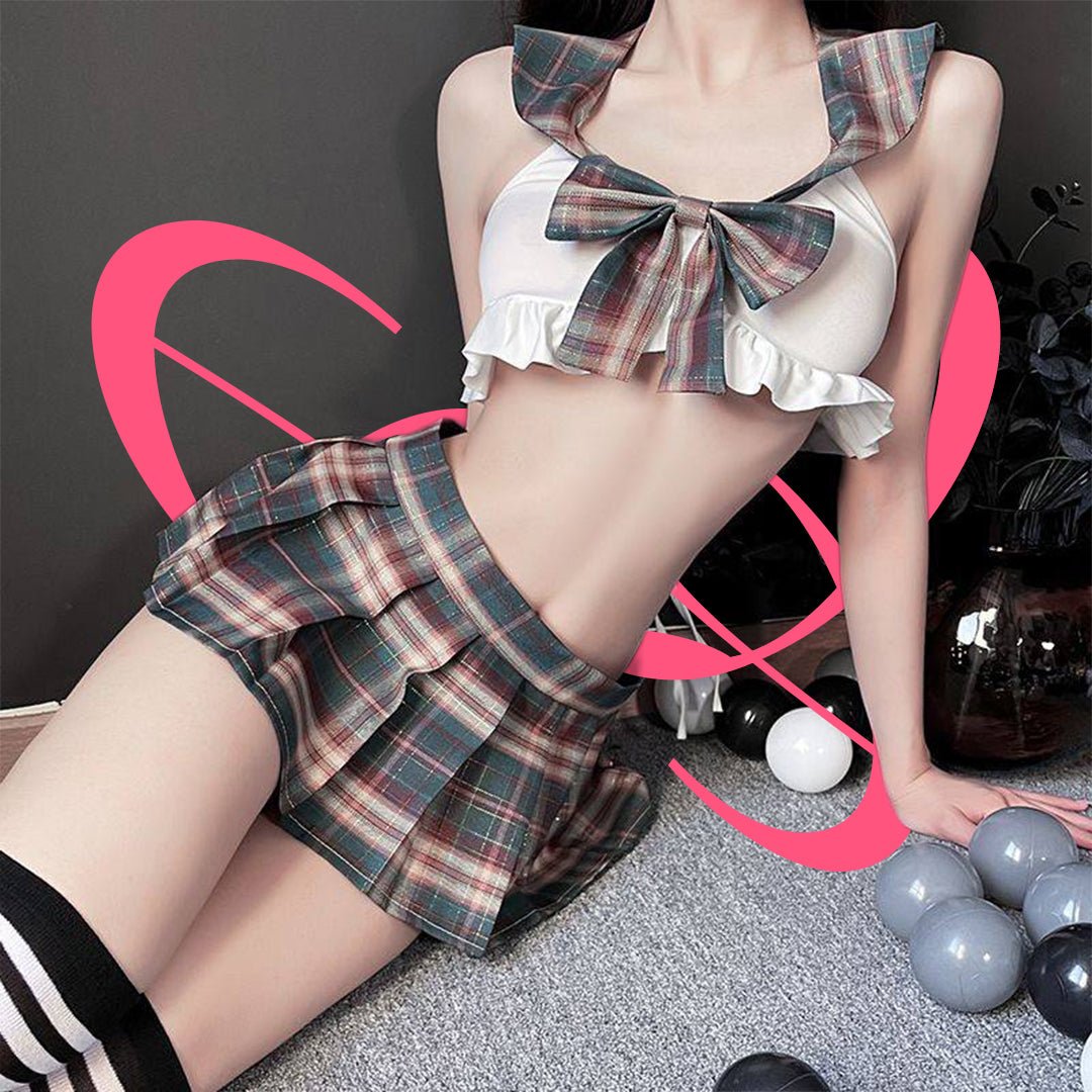 Plaid Sleeveless School Girl Outfit - Elustic - 2
