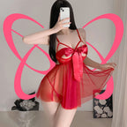 Ribbon Bow Deep V Sheer Babydoll Set - Elustic - 3