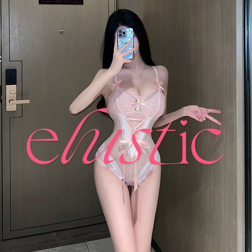 Rose Lace Bowknot Cinched Teddy Bodysuit - Elustic - 1