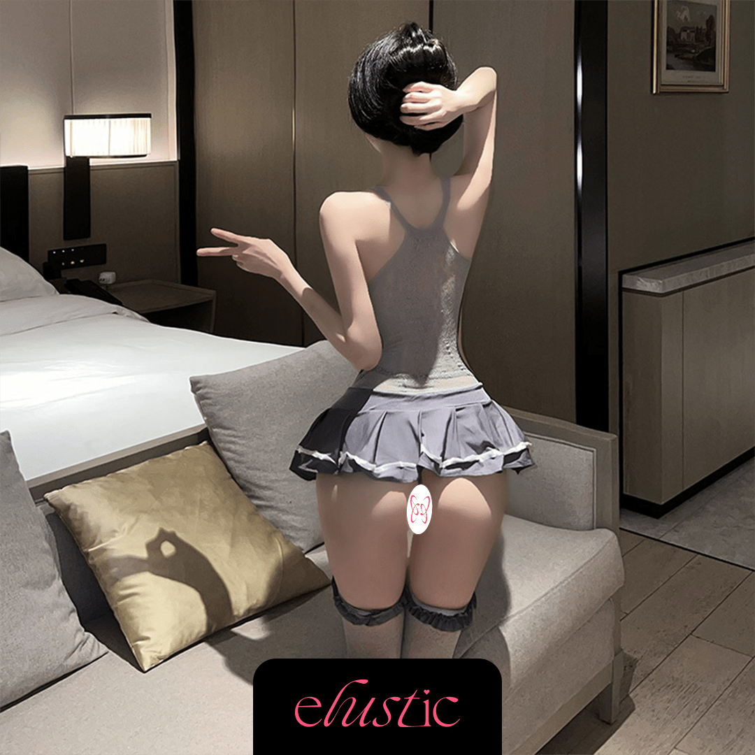 Sheer Mesh Schoolgirl Lingerie Set with Pleated Mini Skirt - Elustic - 2