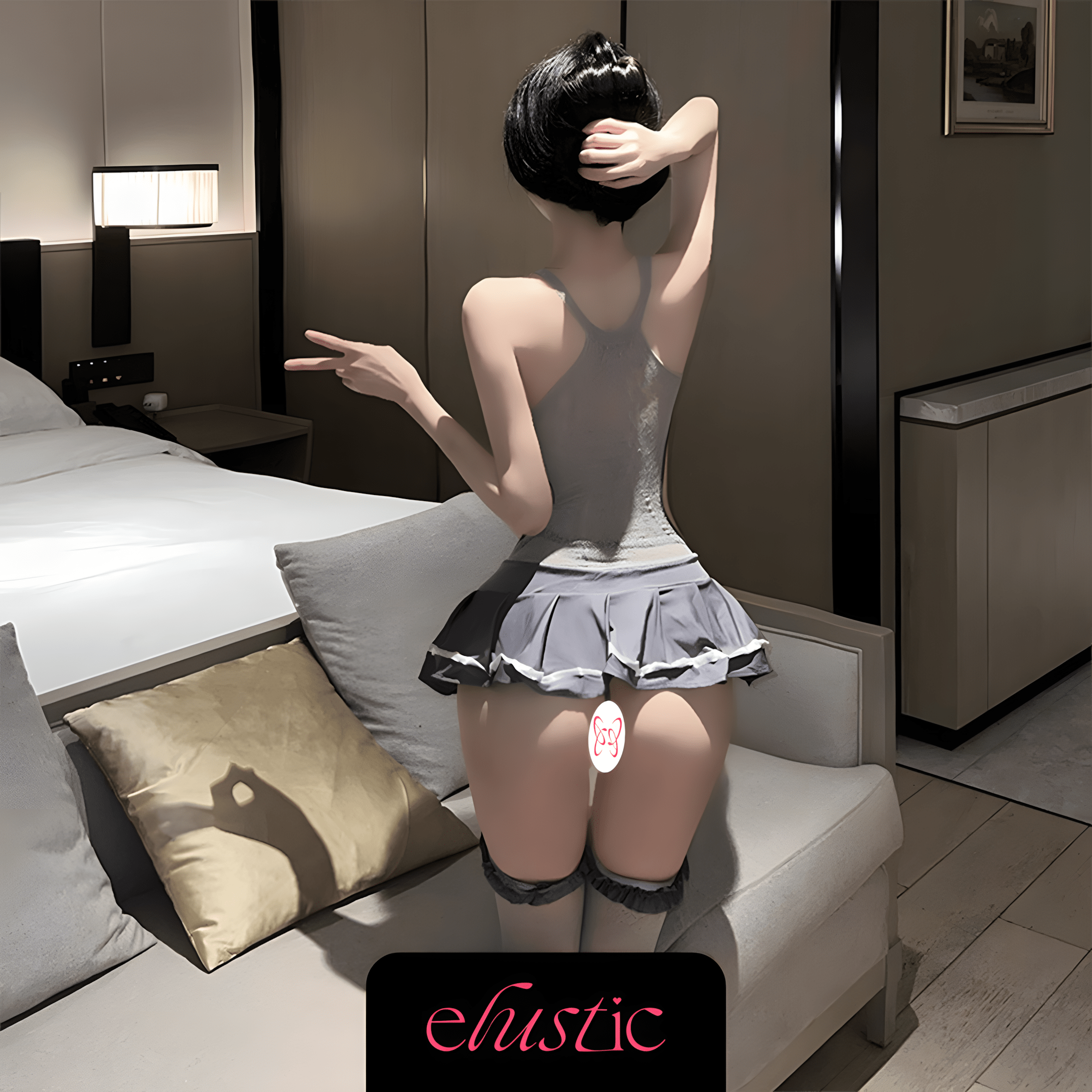 Sheer Mesh Schoolgirl Lingerie Set with Pleated Mini Skirt - Elustic - 2