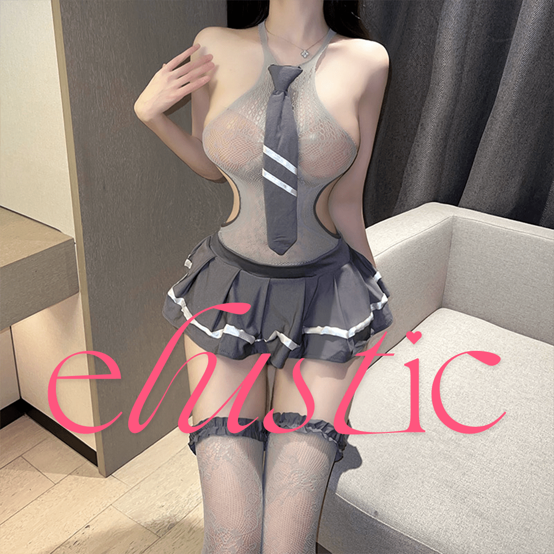 Sheer Mesh Schoolgirl Lingerie Set with Pleated Mini Skirt - Elustic - 1