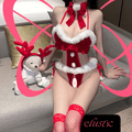 Velvet Santa Open Crotch Bodysuit with Fur Trim and Bow Choker - Elustic - 1