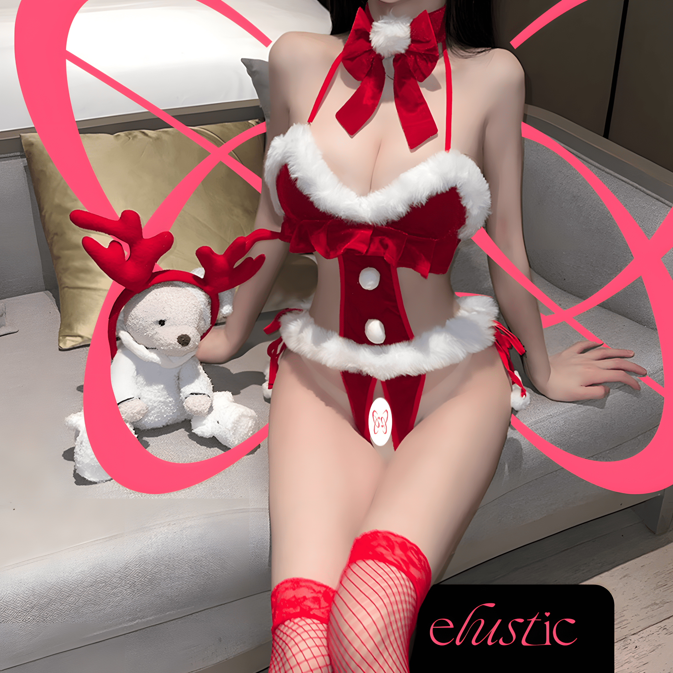 Velvet Santa Open Crotch Bodysuit with Fur Trim and Bow Choker - Elustic - 1