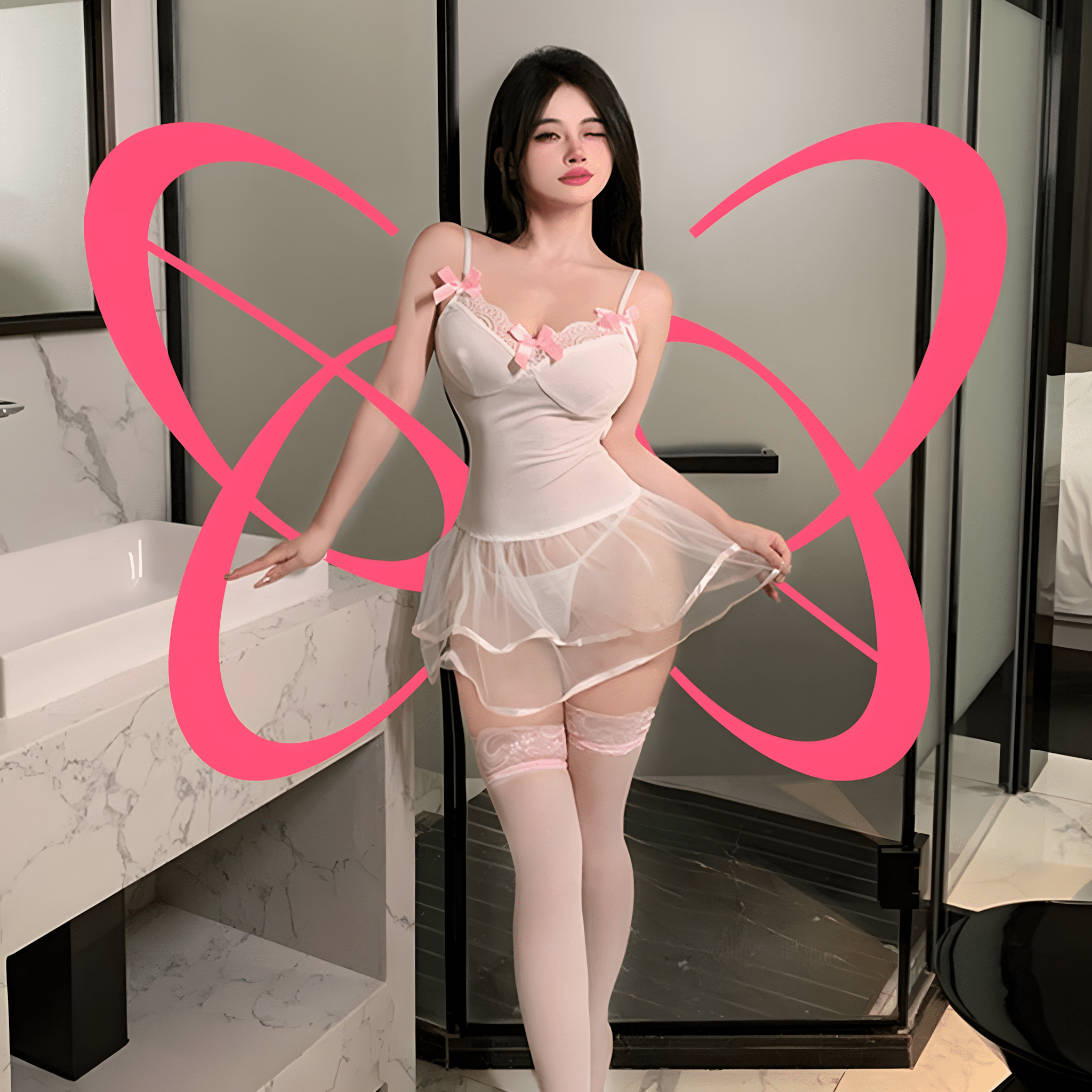 White Lace Bow Babydoll with Sheer Ruffle Skirt - Elustic - 1